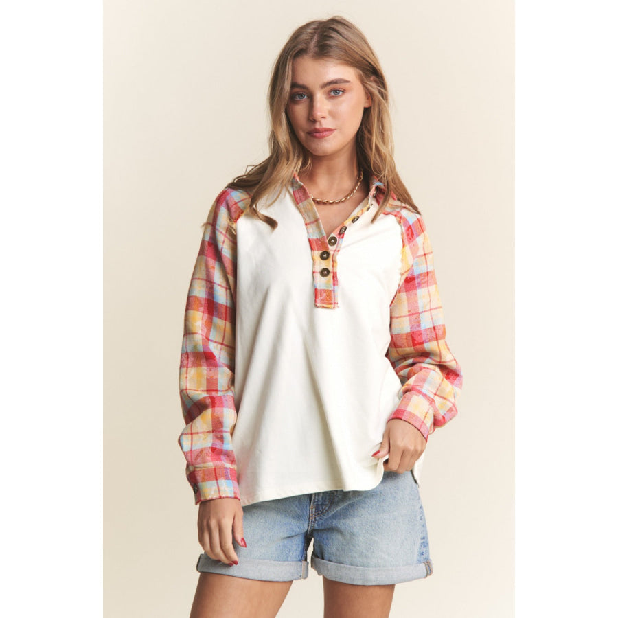 J.NNA Plaid Contrast Button Down Henley Top Ivory Multi / S Apparel and Accessories