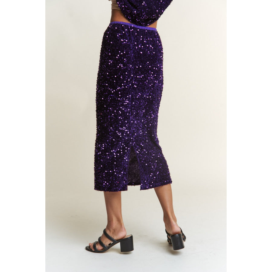 J.NNA Sequin Back Slit Midi Skirt Royal Purple / S Apparel and Accessories