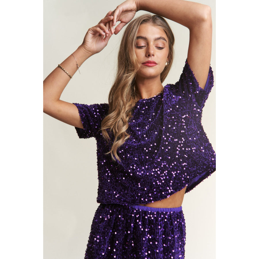 J.NNA Sequin Short Sleeve Crop T-Shirt Royal Purple / S Apparel and Accessories