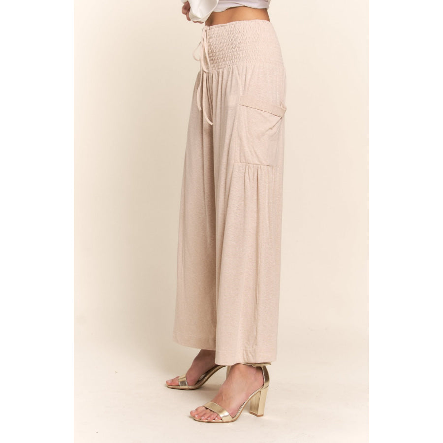 J.NNA Smocked Waist Boho Wide Leg Pants with Pockets Apparel and Accessories