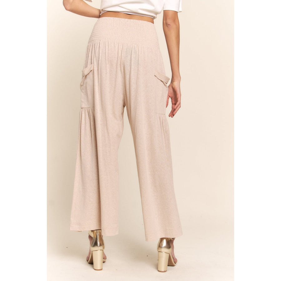 J.NNA Smocked Waist Boho Wide Leg Pants with Pockets Light Beige / S Apparel and Accessories