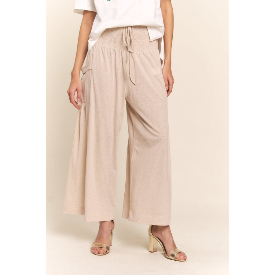 J.NNA Smocked Waist Boho Wide Leg Pants with Pockets Apparel and Accessories