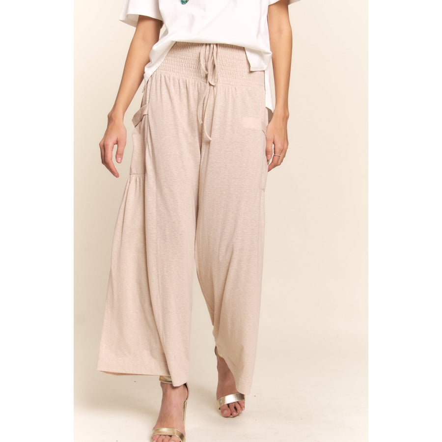 J.NNA Smocked Waist Boho Wide Leg Pants with Pockets Apparel and Accessories