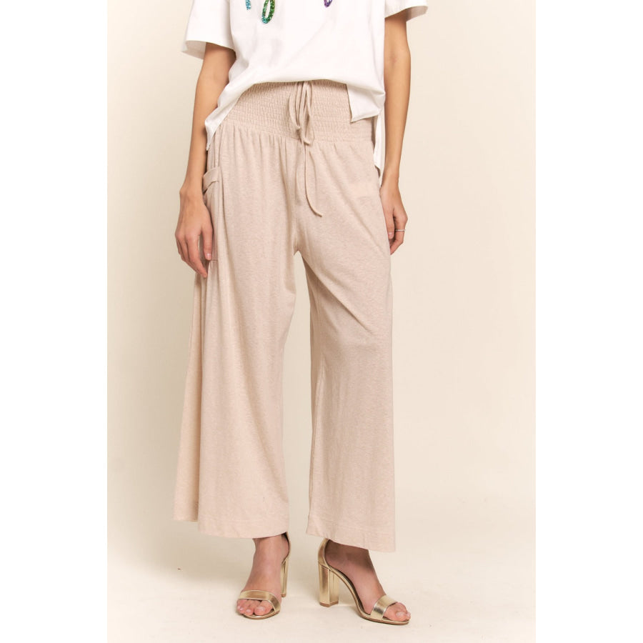 J.NNA Smocked Waist Boho Wide Leg Pants with Pockets Light Beige / S Apparel and Accessories