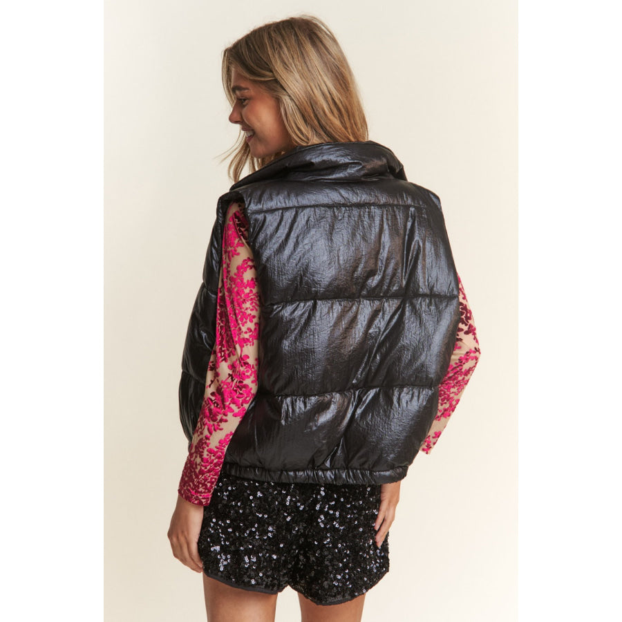 J.NNA Snap and Zipper Shiny Metallic Puffer Vest Apparel and Accessories