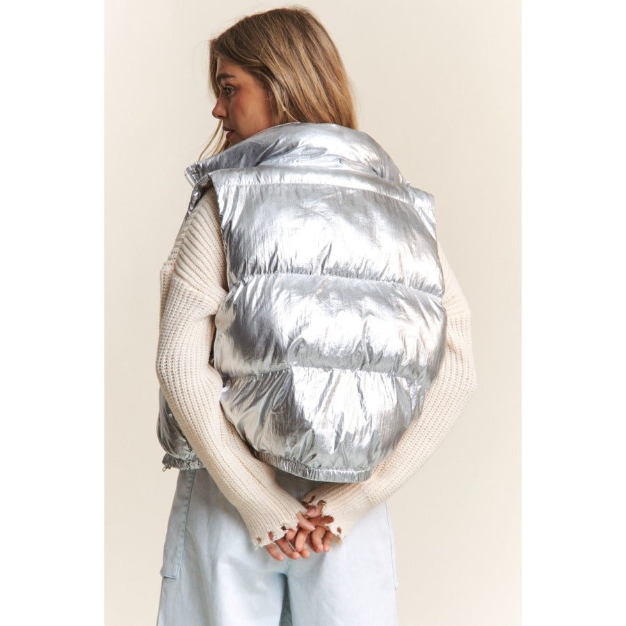 J.NNA Snap and Zipper Shiny Metallic Puffer Vest Apparel and Accessories