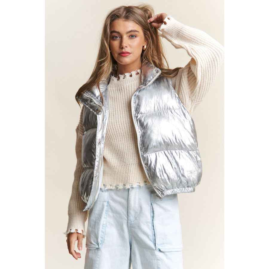 J.NNA Snap and Zipper Shiny Metallic Puffer Vest Silver / S Apparel and Accessories