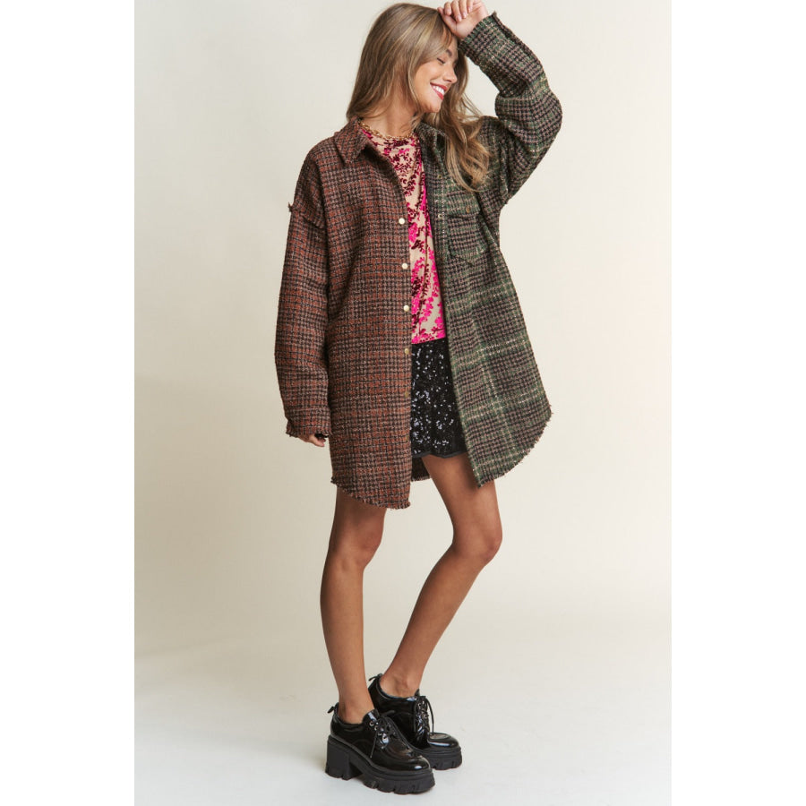 J.NNA Snap Down Tweed Plaid Contrast Longline Shacket Apparel and Accessories