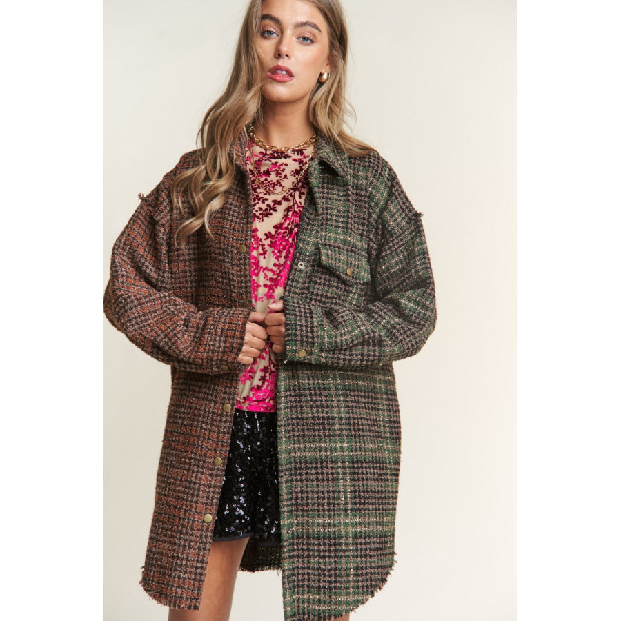 J.NNA Snap Down Tweed Plaid Contrast Longline Shacket Apparel and Accessories