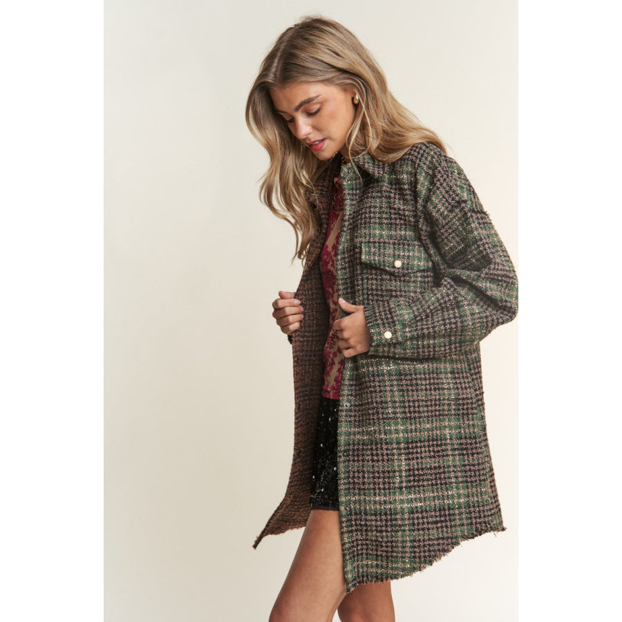 J.NNA Snap Down Tweed Plaid Contrast Longline Shacket Apparel and Accessories