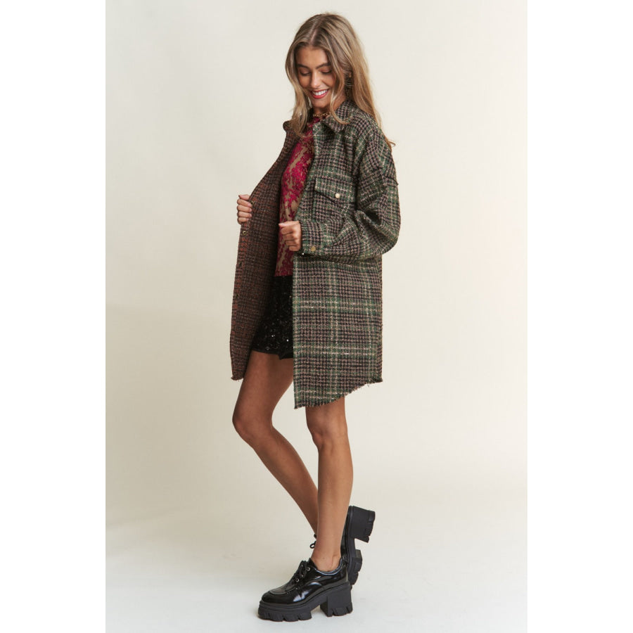 J.NNA Snap Down Tweed Plaid Contrast Longline Shacket Apparel and Accessories