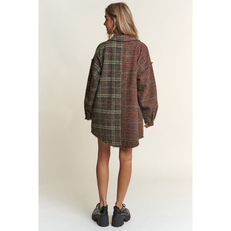 J.NNA Snap Down Tweed Plaid Contrast Longline Shacket Apparel and Accessories