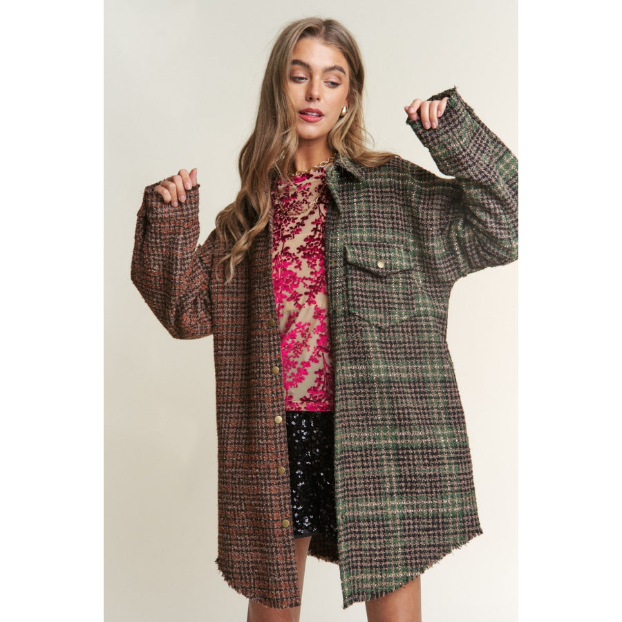 J.NNA Snap Down Tweed Plaid Contrast Longline Shacket Misty Forest / S Apparel and Accessories