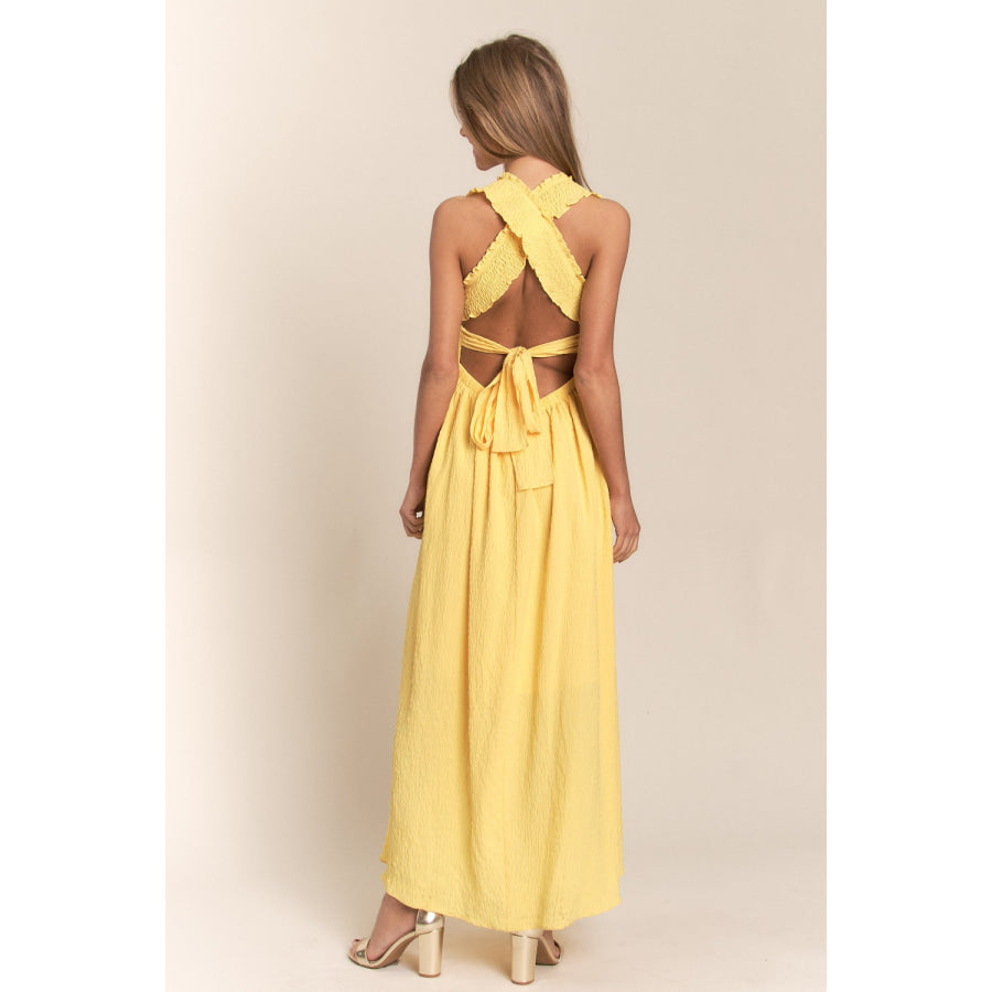 J.NNA Texture Crisscross Back Tie Smocked Maxi Dress Apparel and Accessories