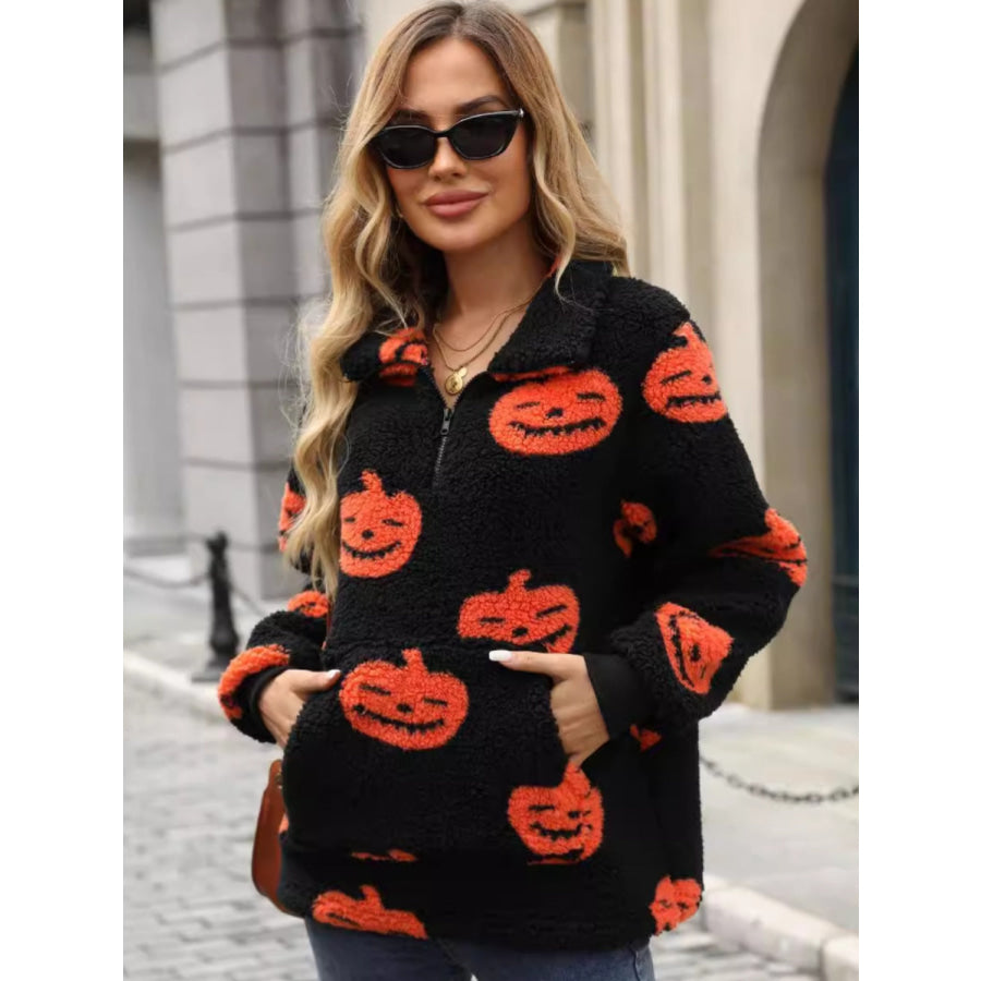 Jack-O’-Lantern Half Zip Long Sleeve Sweatshirt Apparel and Accessories