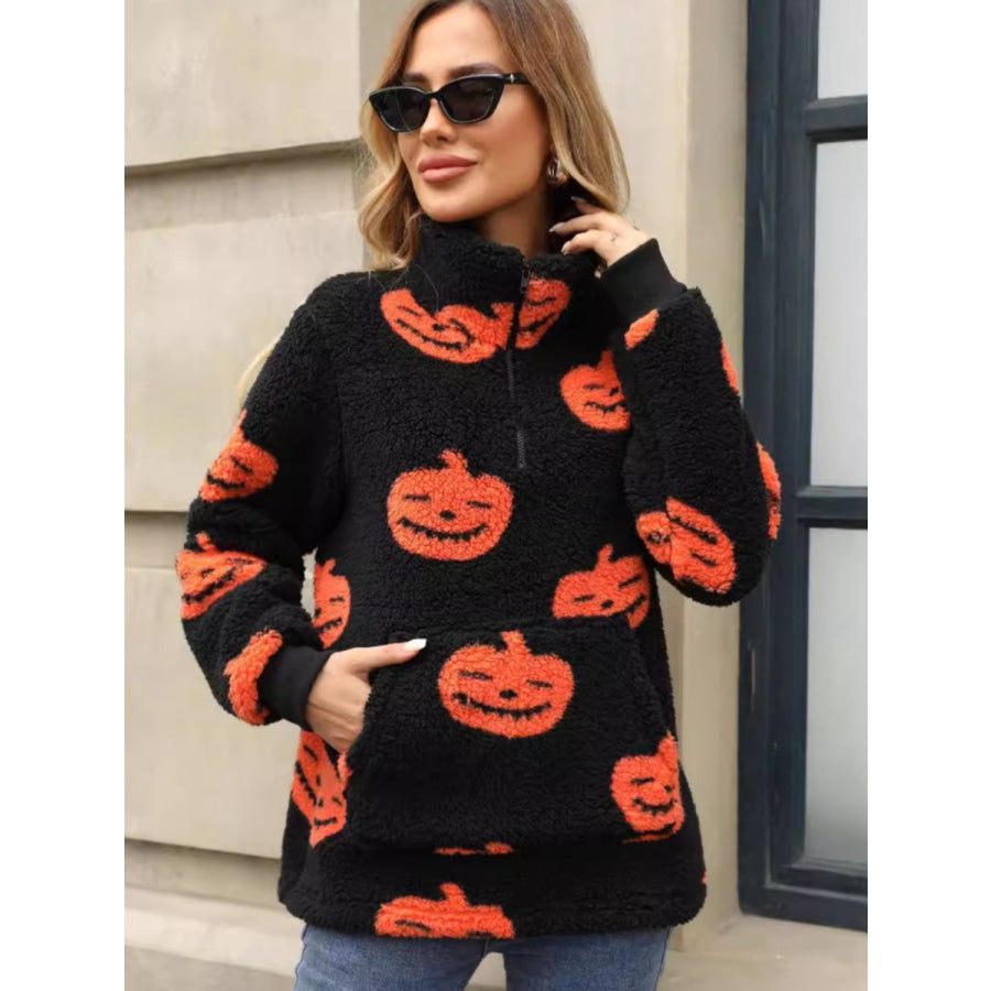 Jack-O’-Lantern Half Zip Long Sleeve Sweatshirt Apparel and Accessories