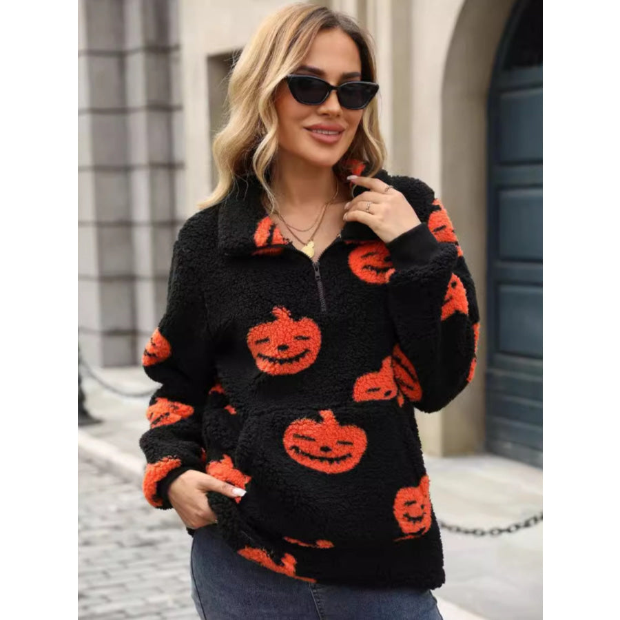 Jack-O’-Lantern Half Zip Long Sleeve Sweatshirt Black / S Apparel and Accessories