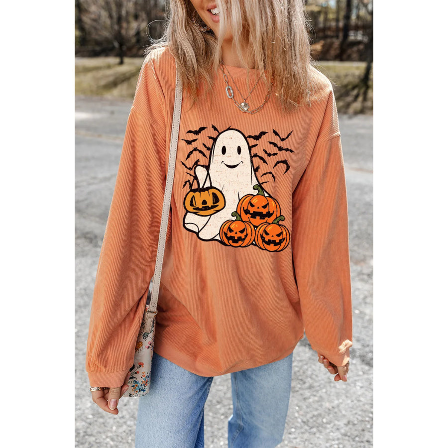 Jack-O’-Lantern Round Neck Long Sleeve Sweatshirt Sherbet / S Apparel and Accessories