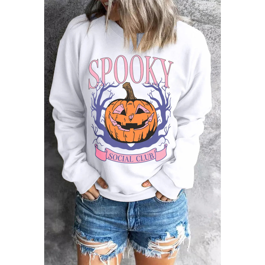 Jack-O’-Lantern Round Neck Long Sleeve Sweatshirt White / S Apparel and Accessories