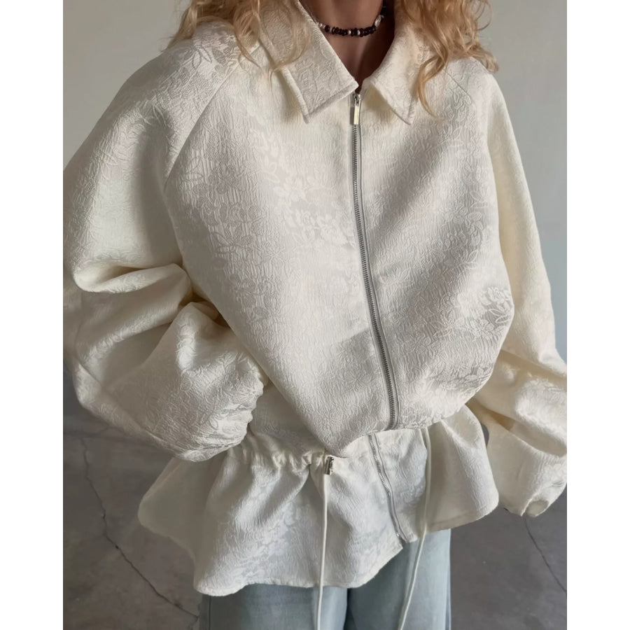 Jacquard Bomber Jacket with Drawstring Waist Apricot / S Apparel and Accessories