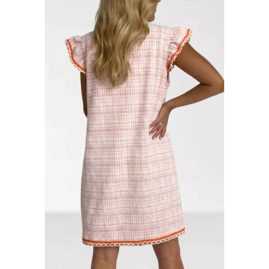 Jacquard Textured Contrast Trim Short Sleeve Tassel Tie Shift Dress Apparel and Accessories