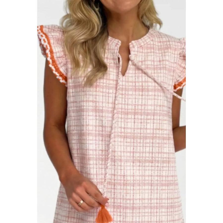 Jacquard Textured Contrast Trim Short Sleeve Tassel Tie Shift Dress Apparel and Accessories