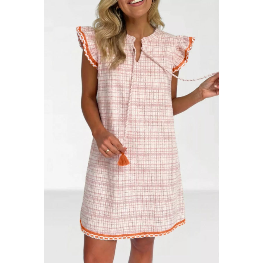 Jacquard Textured Contrast Trim Short Sleeve Tassel Tie Shift Dress Blush Pink / S Apparel and Accessories