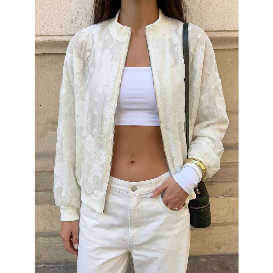 Jacquard Zip Up Long Sleeve Jacket Apricot / S Apparel and Accessories