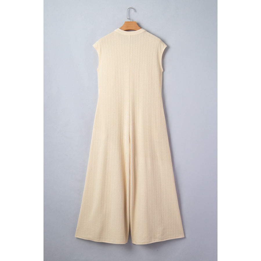 Jet Stream Half Buttons Ribbed Knit Wide Leg Jumpsuit Bottoms/Jumpsuits & Rompers