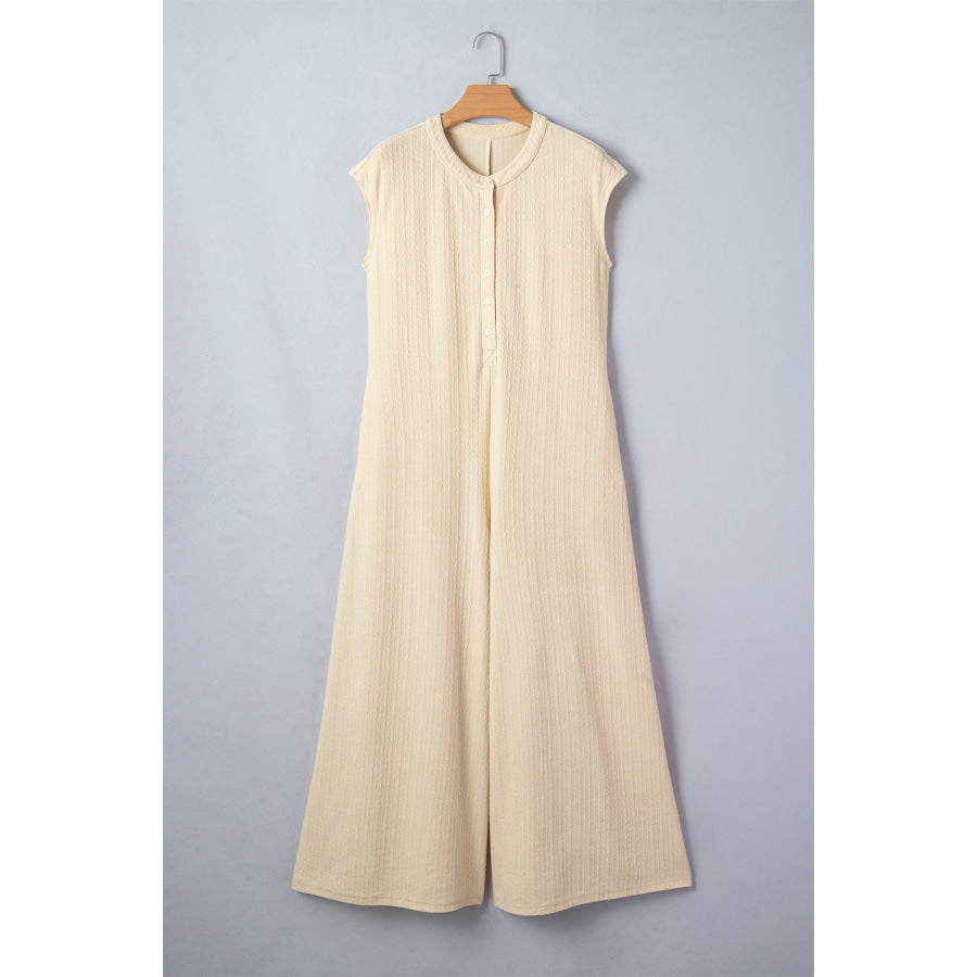 Jet Stream Half Buttons Ribbed Knit Wide Leg Jumpsuit Bottoms/Jumpsuits & Rompers
