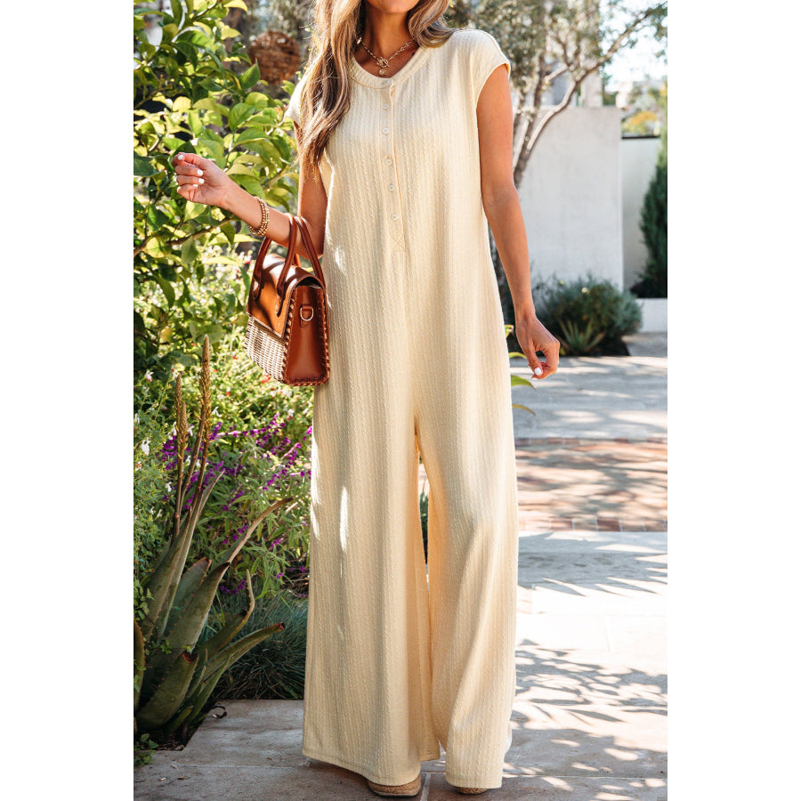 Jet Stream Half Buttons Ribbed Knit Wide Leg Jumpsuit Bottoms/Jumpsuits & Rompers