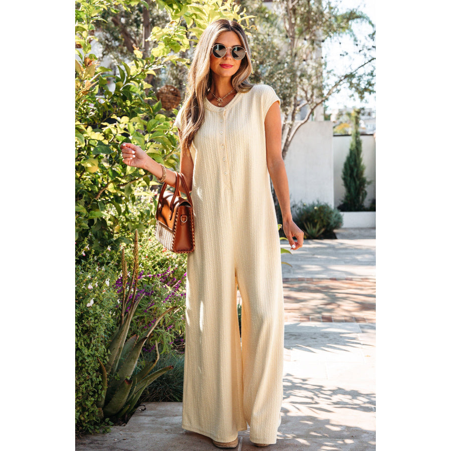 Jet Stream Half Buttons Ribbed Knit Wide Leg Jumpsuit Bottoms/Jumpsuits & Rompers