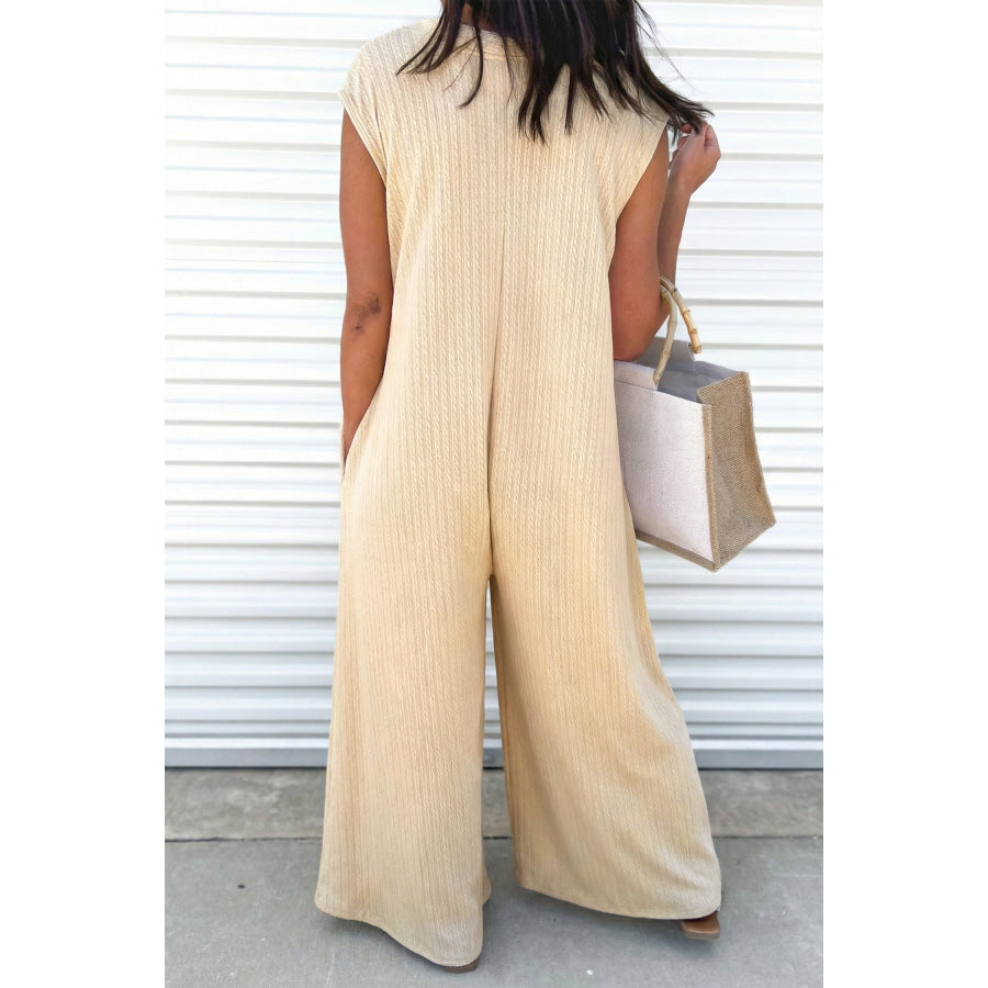 Jet Stream Half Buttons Ribbed Knit Wide Leg Jumpsuit Bottoms/Jumpsuits & Rompers