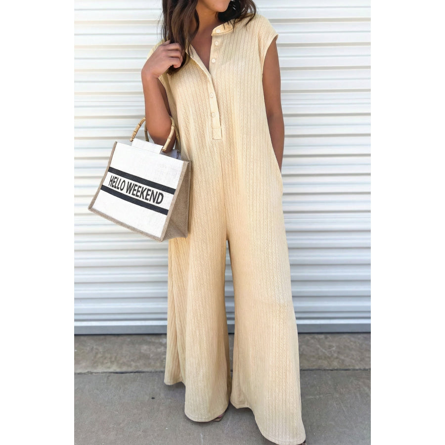 Jet Stream Half Buttons Ribbed Knit Wide Leg Jumpsuit Jet Stream / S / 95% Polyester + 5% Elastane Bottoms/Jumpsuits & Rompers