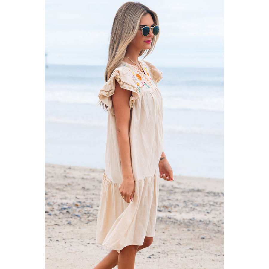 Jet Stream Linen Embroidery Split Neck Pom Pom Ruffle Sleeves Flowy Short Dress Dresses/Mini Dresses