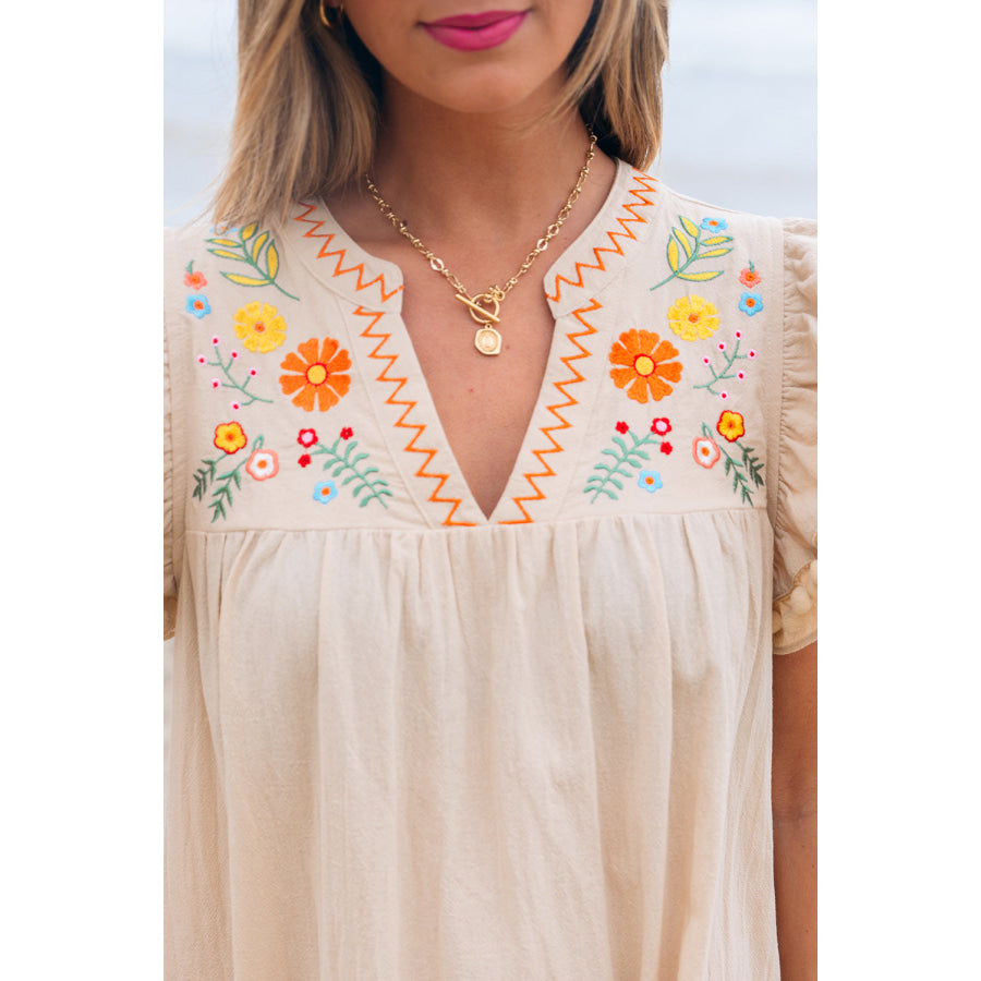 Jet Stream Linen Embroidery Split Neck Pom Pom Ruffle Sleeves Flowy Short Dress Dresses/Mini Dresses