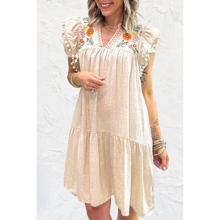 Jet Stream Linen Embroidery Split Neck Pom Pom Ruffle Sleeves Flowy Short Dress Dresses/Mini Dresses