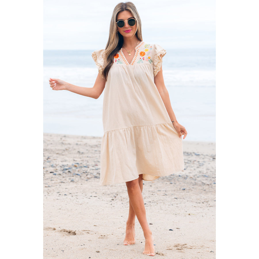 Jet Stream Linen Embroidery Split Neck Pom Pom Ruffle Sleeves Flowy Short Dress Dresses/Mini Dresses