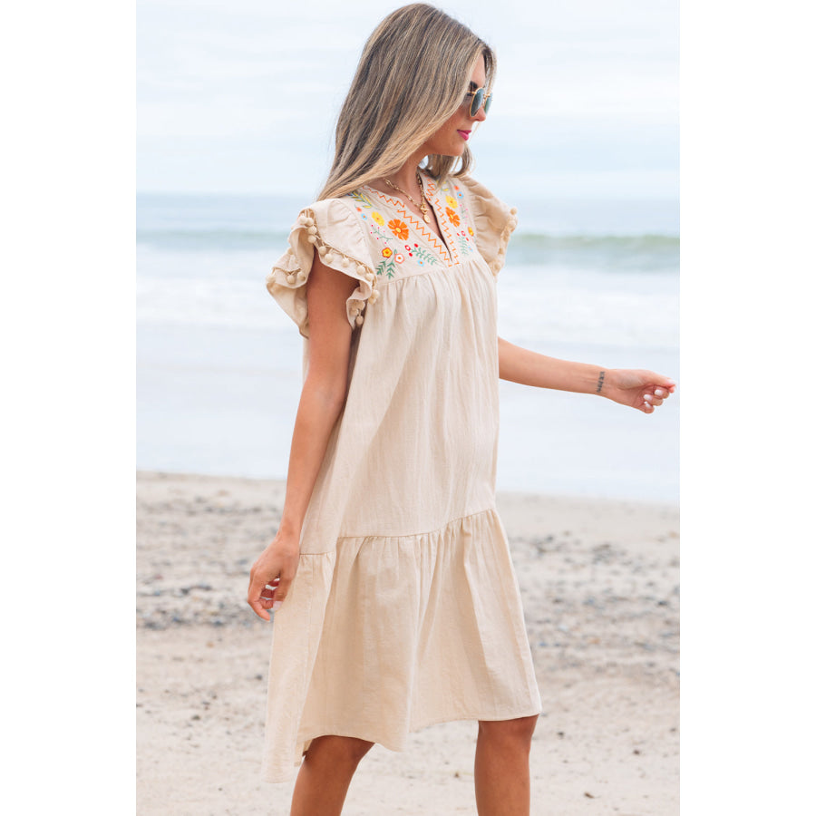 Jet Stream Linen Embroidery Split Neck Pom Pom Ruffle Sleeves Flowy Short Dress Dresses/Mini Dresses