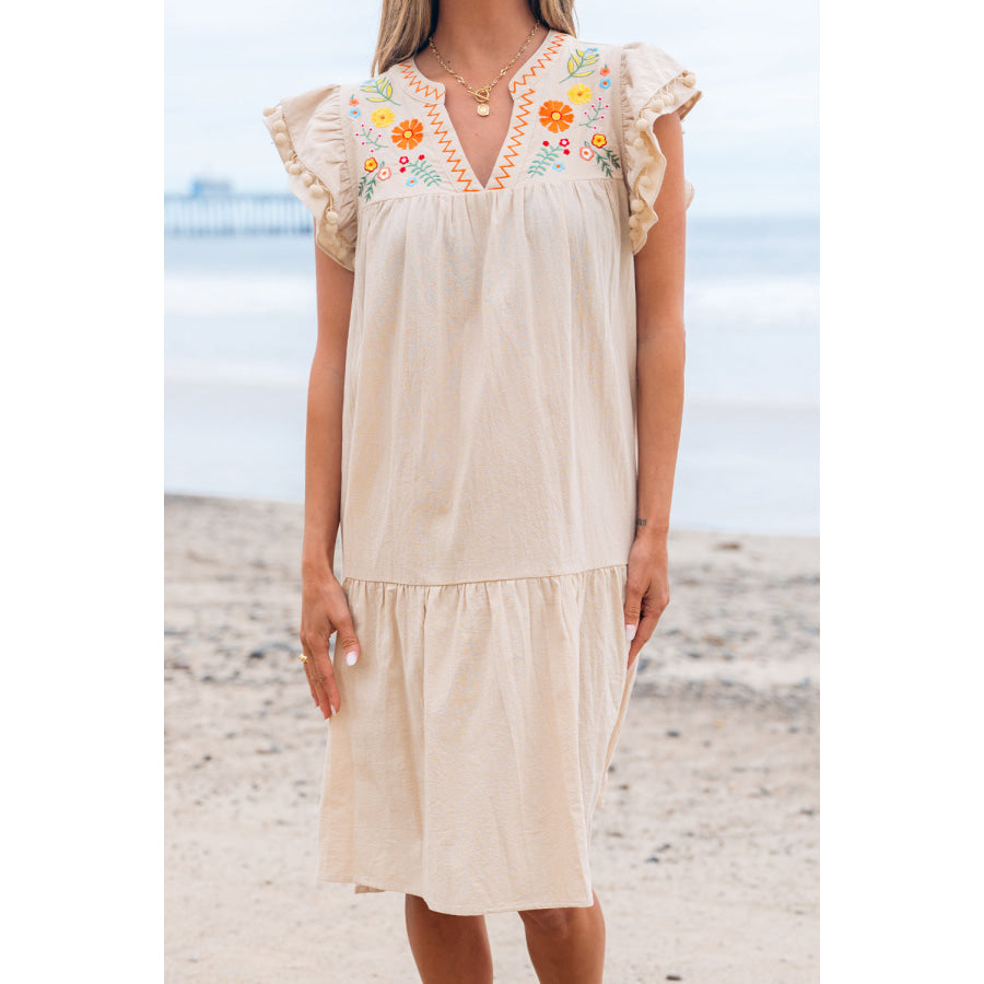 Jet Stream Linen Embroidery Split Neck Pom Pom Ruffle Sleeves Flowy Short Dress Dresses/Mini Dresses