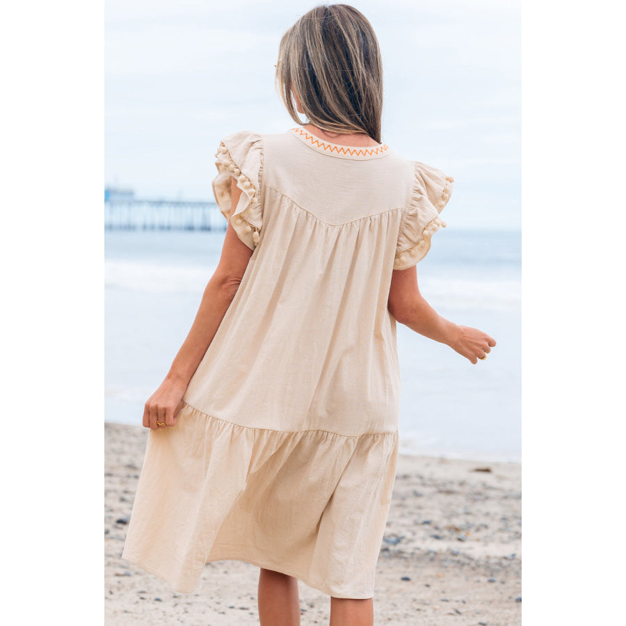 Jet Stream Linen Embroidery Split Neck Pom Pom Ruffle Sleeves Flowy Short Dress Dresses/Mini Dresses