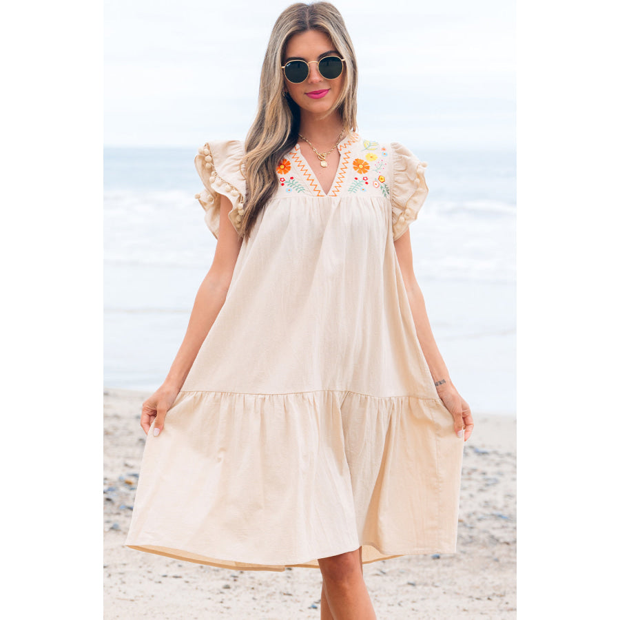 Jet Stream Linen Embroidery Split Neck Pom Pom Ruffle Sleeves Flowy Short Dress Jet Stream / S / 100% Cotton Dresses/Mini Dresses