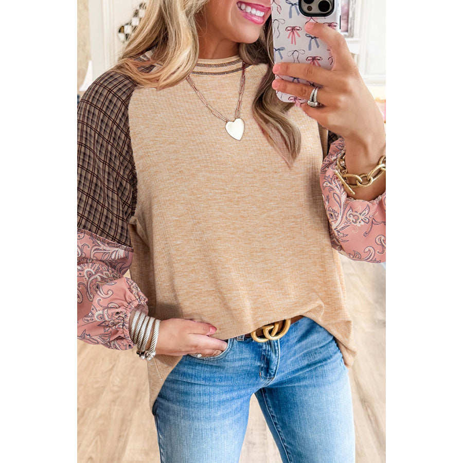 Jet Stream Mixed Print Raglan Sleeve Ribbed Knit Patchwork Blouse Tops/Blouses &amp; Shirts
