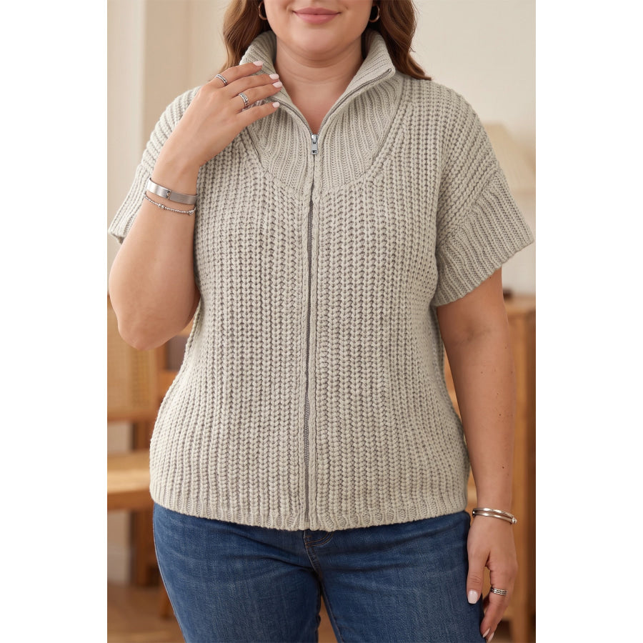 Jet Stream Plus Size Short Sleeve Ribbed Knit Zip Up Tunic Sweater / 1X Size/Plus Sweaters & Cardigans