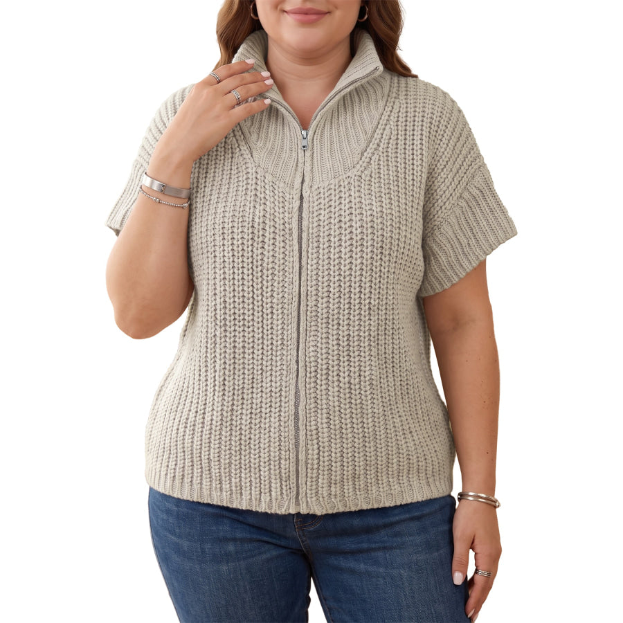 Jet Stream Plus Size Short Sleeve Ribbed Knit Zip Up Tunic Sweater / 1X Size/Plus Sweaters & Cardigans