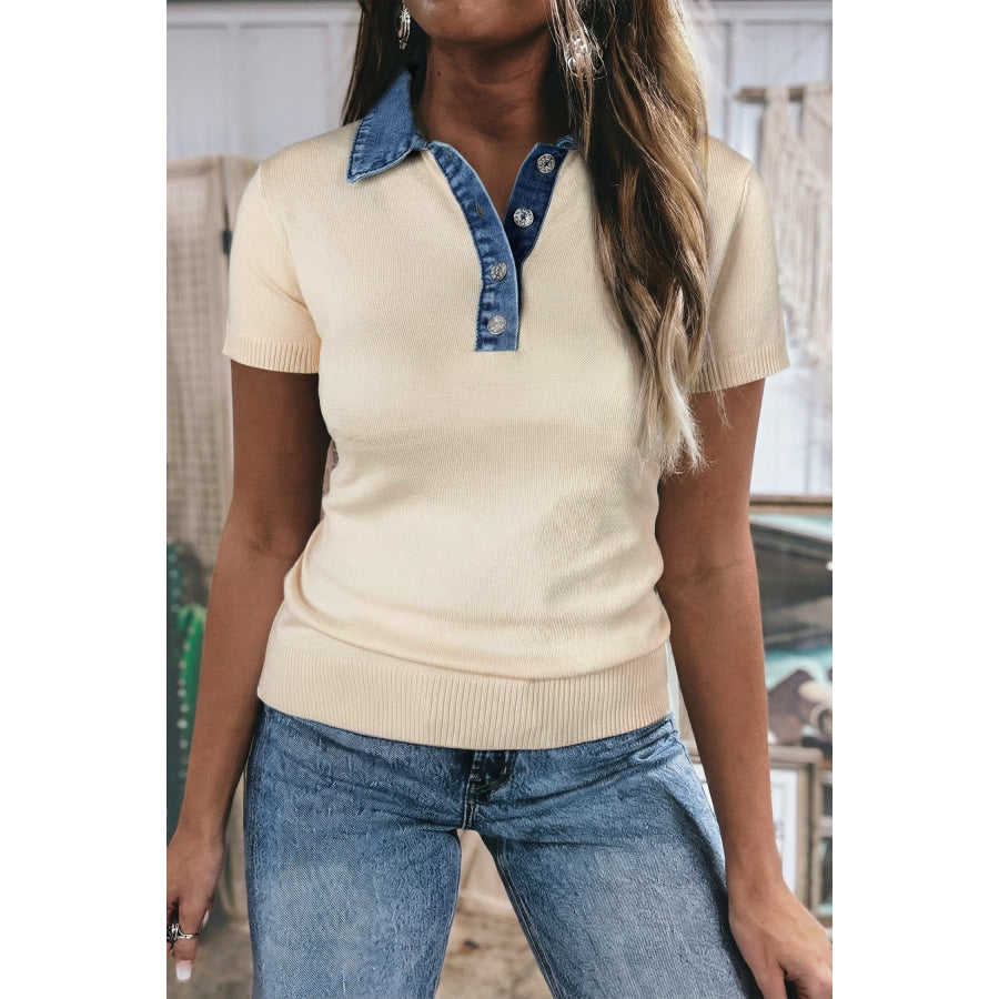 Jet Stream Short Sleeve Knit Denim Patchwork Polo Collar Sweater Jet Stream / S / 100% Viscose Sweaters & Cardigans/Short Sleeve Sweaters