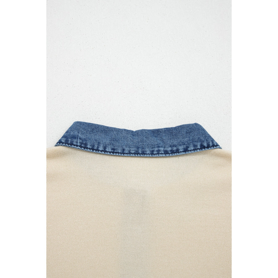 Jet Stream Short Sleeve Knit Denim Patchwork Polo Collar Sweater Sweaters & Cardigans/Short Sleeve Sweaters