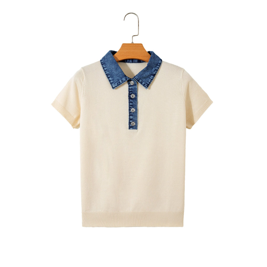 Jet Stream Short Sleeve Knit Denim Patchwork Polo Collar Sweater Sweaters & Cardigans/Short Sleeve Sweaters