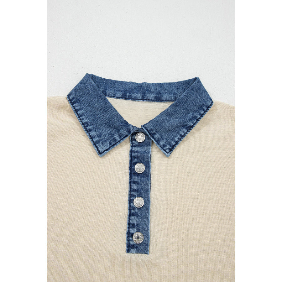 Jet Stream Short Sleeve Knit Denim Patchwork Polo Collar Sweater Sweaters & Cardigans/Short Sleeve Sweaters