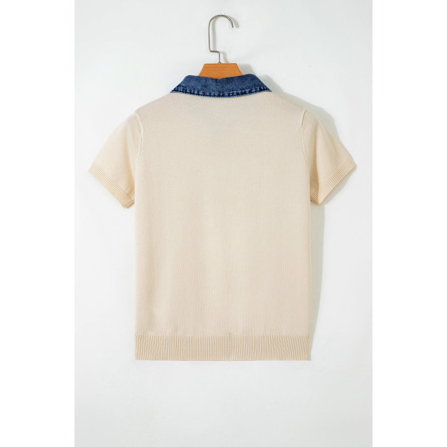 Jet Stream Short Sleeve Knit Denim Patchwork Polo Collar Sweater Sweaters & Cardigans/Short Sleeve Sweaters